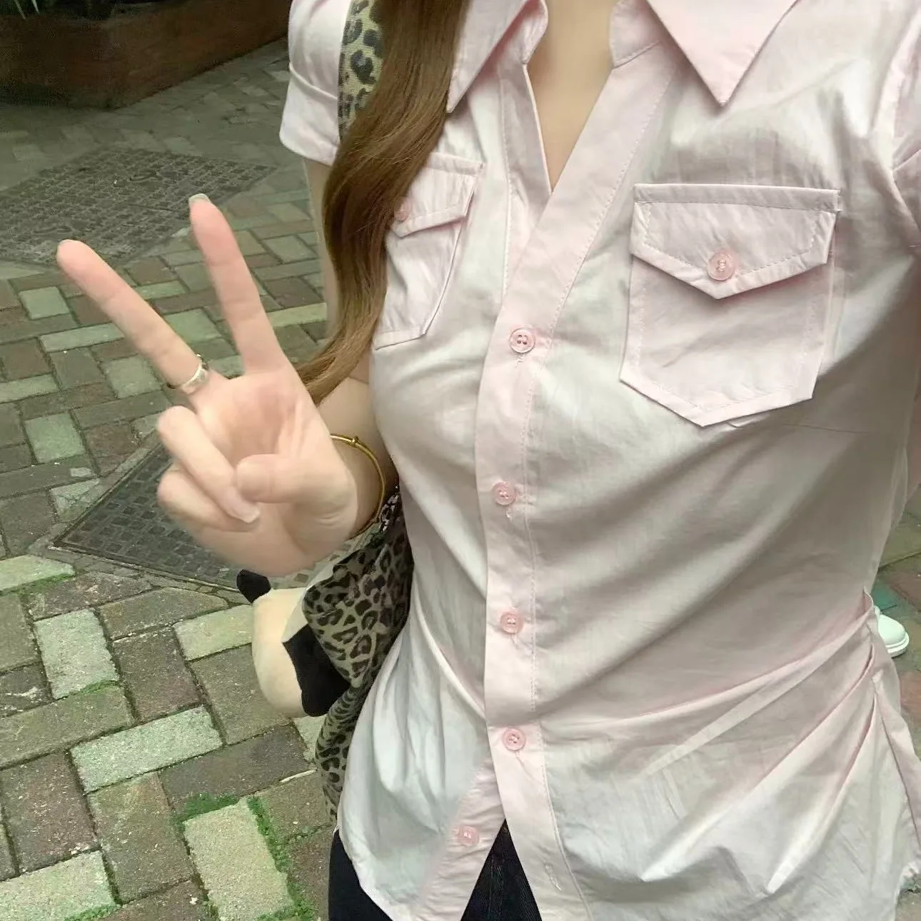 

Korean Style Slim Fit Short Sleeve Shirt with Pocket Women's Summer New Fashion Top Waist Cinched Collar Casual Shirt