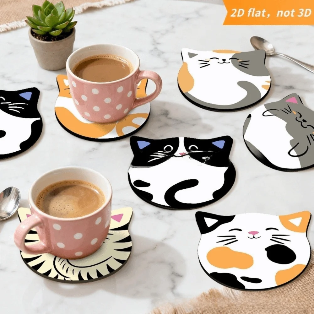 4/6pcs Cute Round Wooden Drink Coaster Heat-Resistant Waterproof Cat Coaster Bow Non-Slip Coffee Cup Mat For Dining