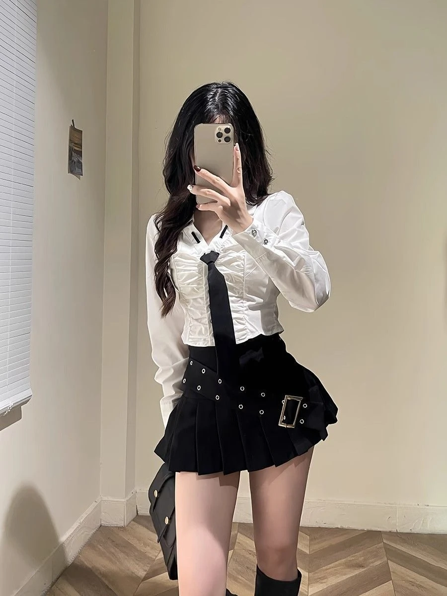 

Vintage Shirt Sets Women Casual Y2k Crop Top Blouse + Mini Skirts Elegant 2 Piece Sets Female Korean Fashion Party Outfits