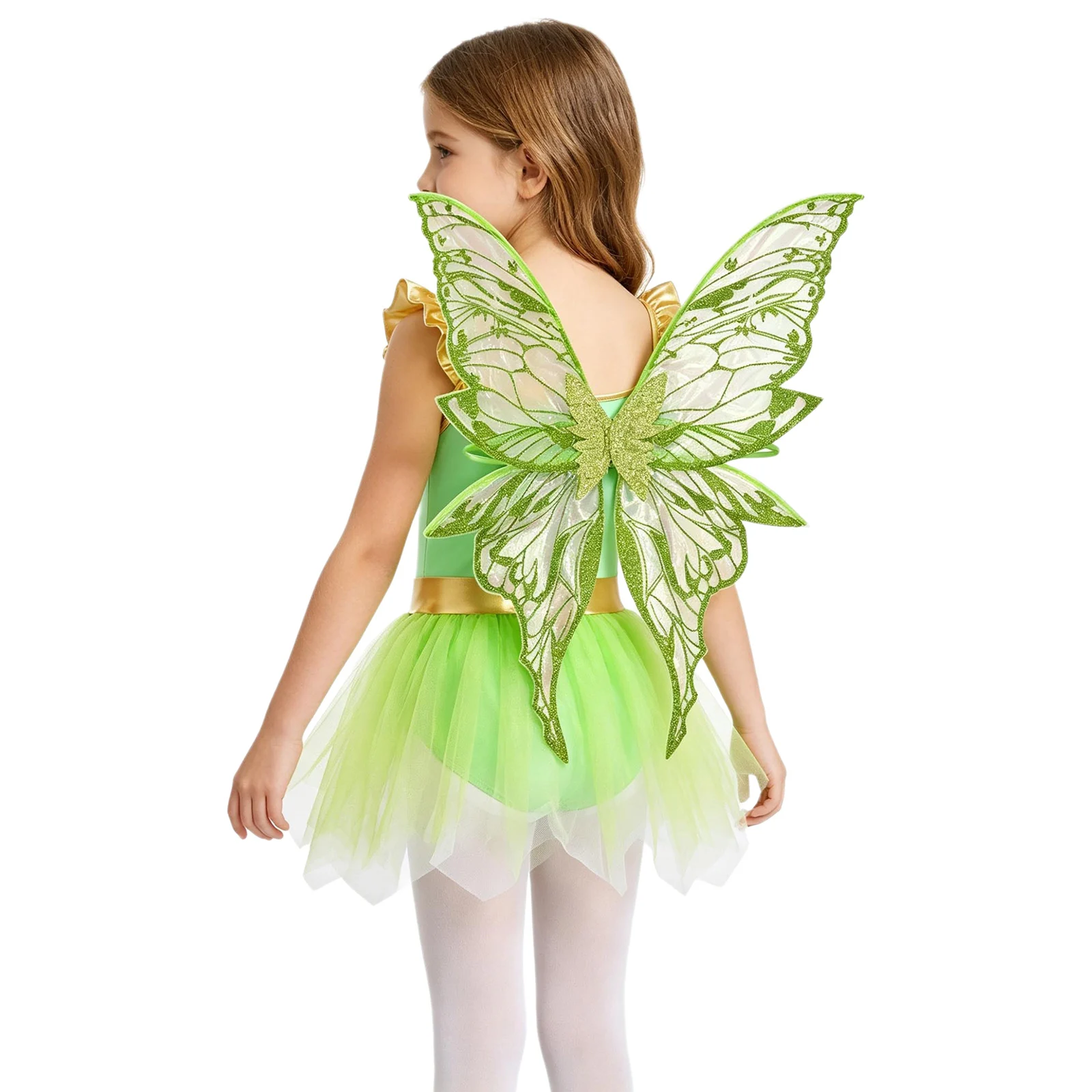 Kids Girls Halloween Green Princess Dress Ruffle Mesh Overlay Leotard with Butterfly Set Wing Fairy Tale Forest Tinkers Costume