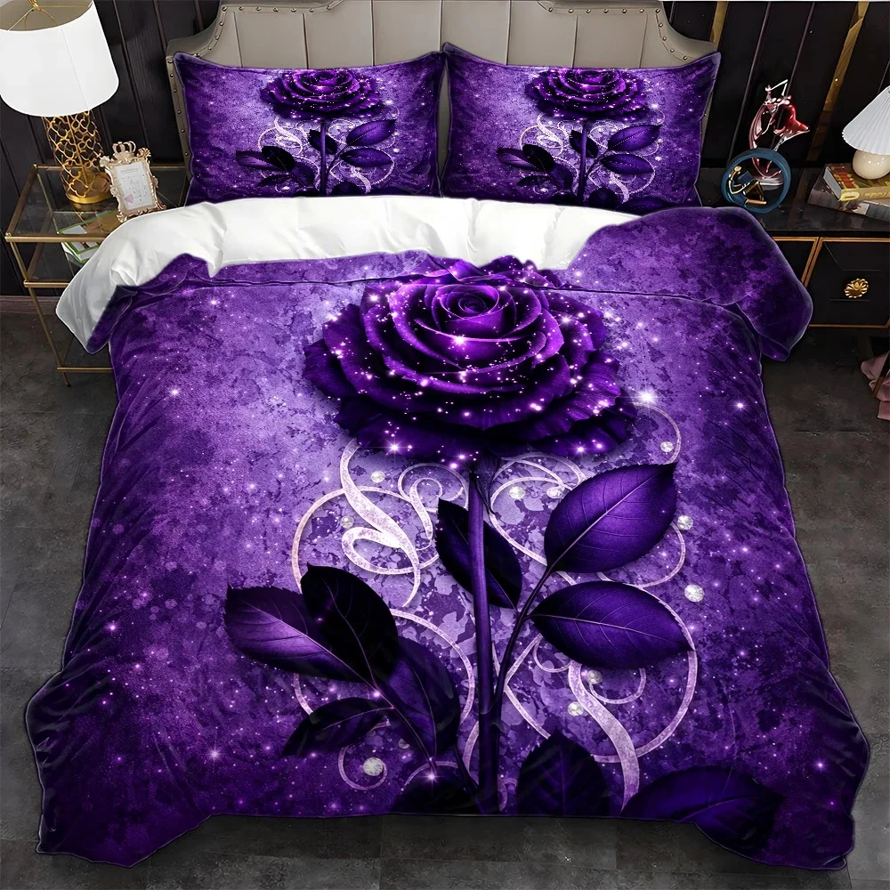3Pcs Dreamy Purple Rose Duvet Cover Set with 1Pc Duvet Cover and 2Pcs Pillowcases Bedding Accessories Quilt Cover