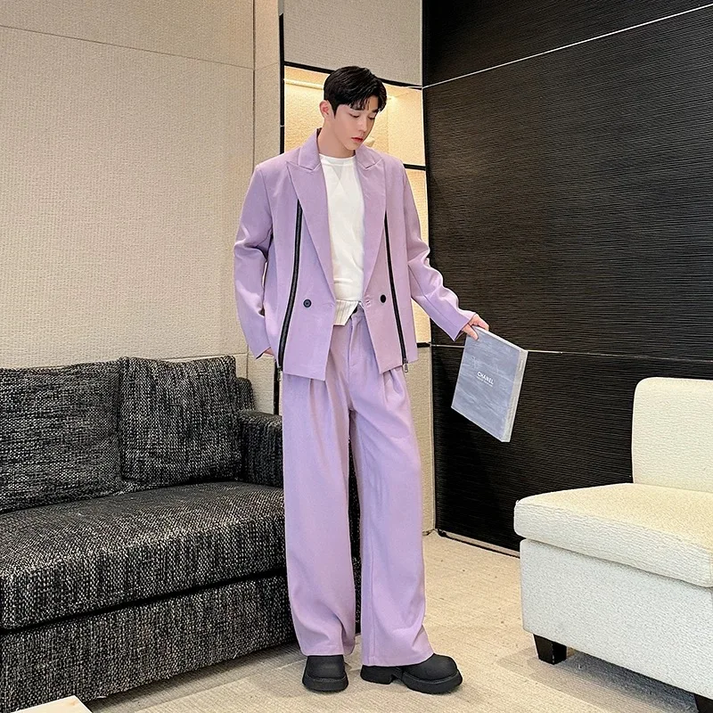 male purple zipper chic trendy ins Y2K suit outfit men sexy handsome cool senior luxury sets blazer pants evening formal sets