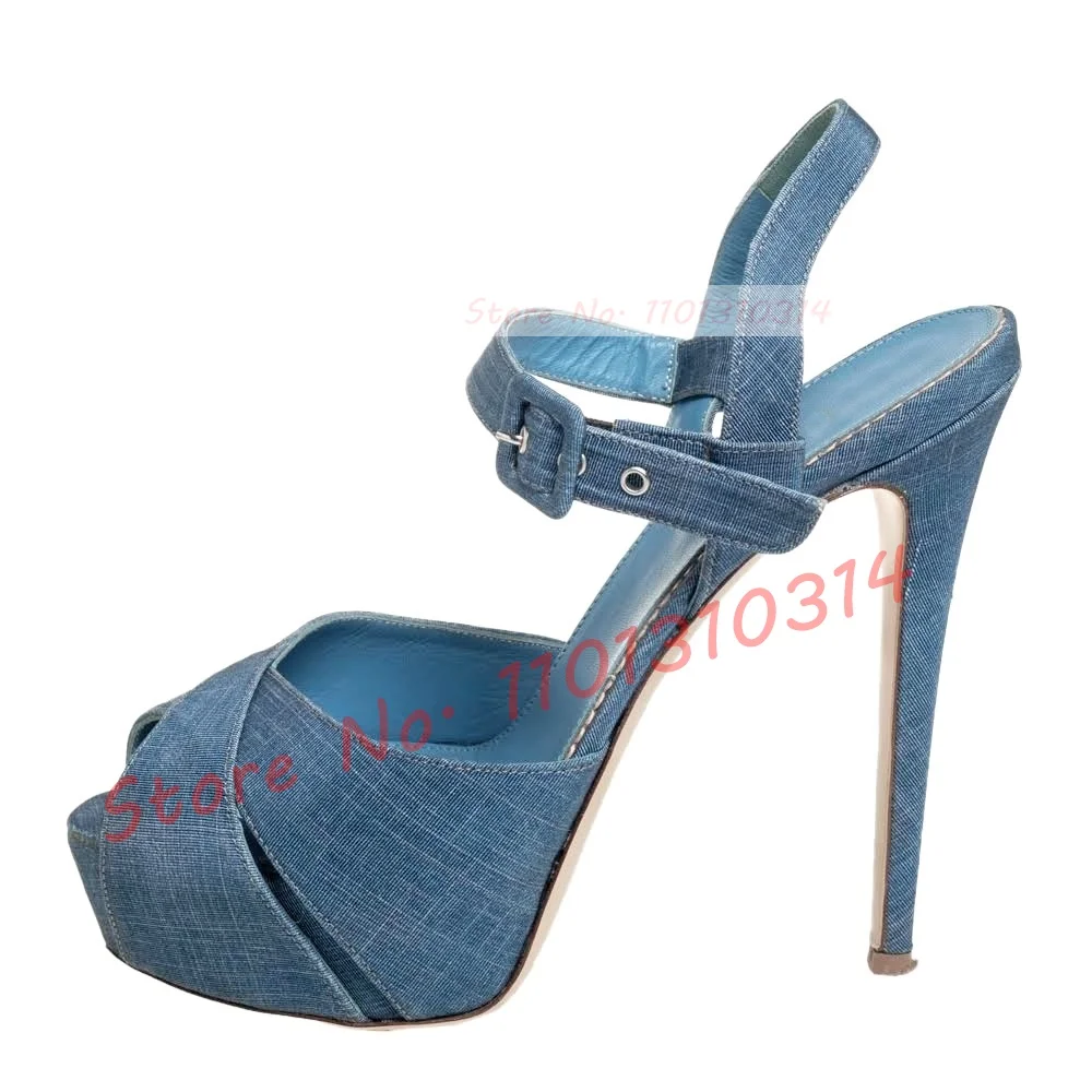 Covered Platform Diamond Sandals Women Glittery Cross Strap High Thin Heels Shoes Female Summer New Denim Elegant Party Sandals image 3