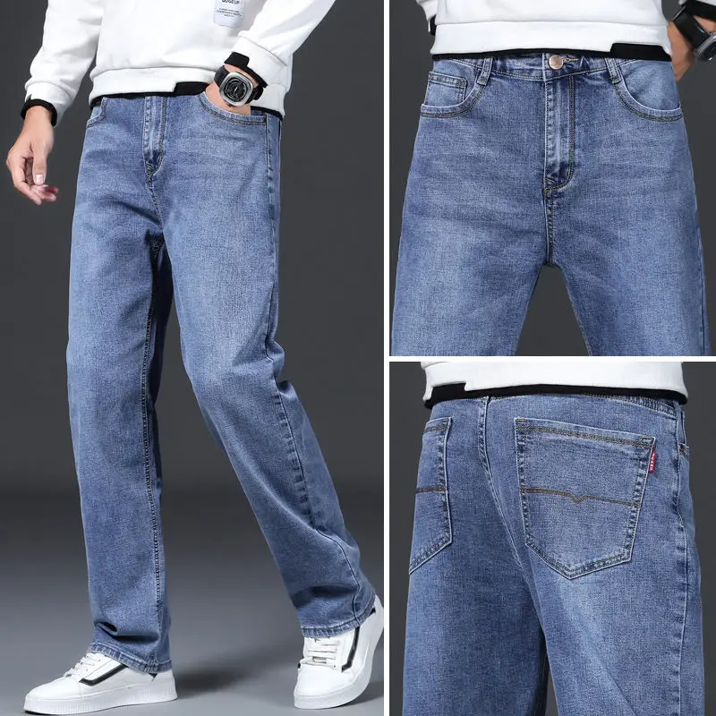 

Man Pants Blue Gray Elastic Baggy Loose Straight Mens Jeans High Waist Stretch Wide Leg Pants Casual Trousers Male Denim/Cotton