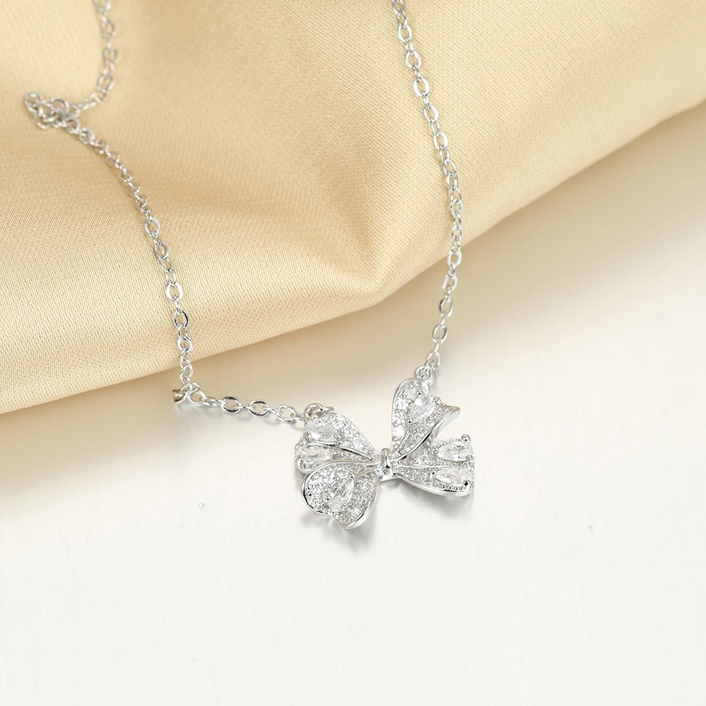 

Элегантное ожерелье из стерлингового серебра 925 пробы с бантом, 4А, циркониевые подвески, ожерелье, цепочка, ювелирные изделия для женщин, свадебные ювелирные украшения