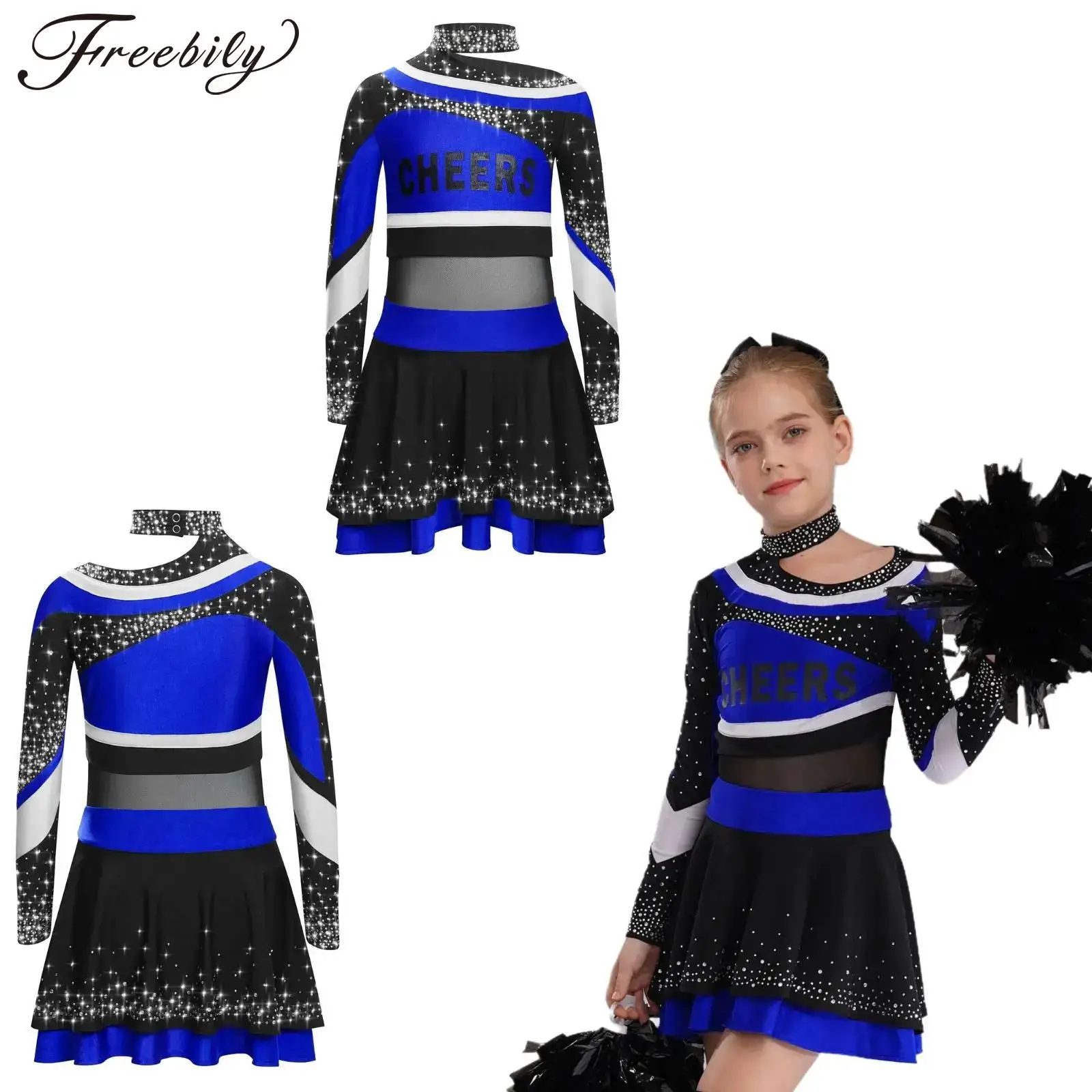 

Униформа черлидинга для девочек, костюм для косплея на Хэллоуин, комплект из 2 предметов, рубашки с длинными рукавами и блестками и плиссированные юбки