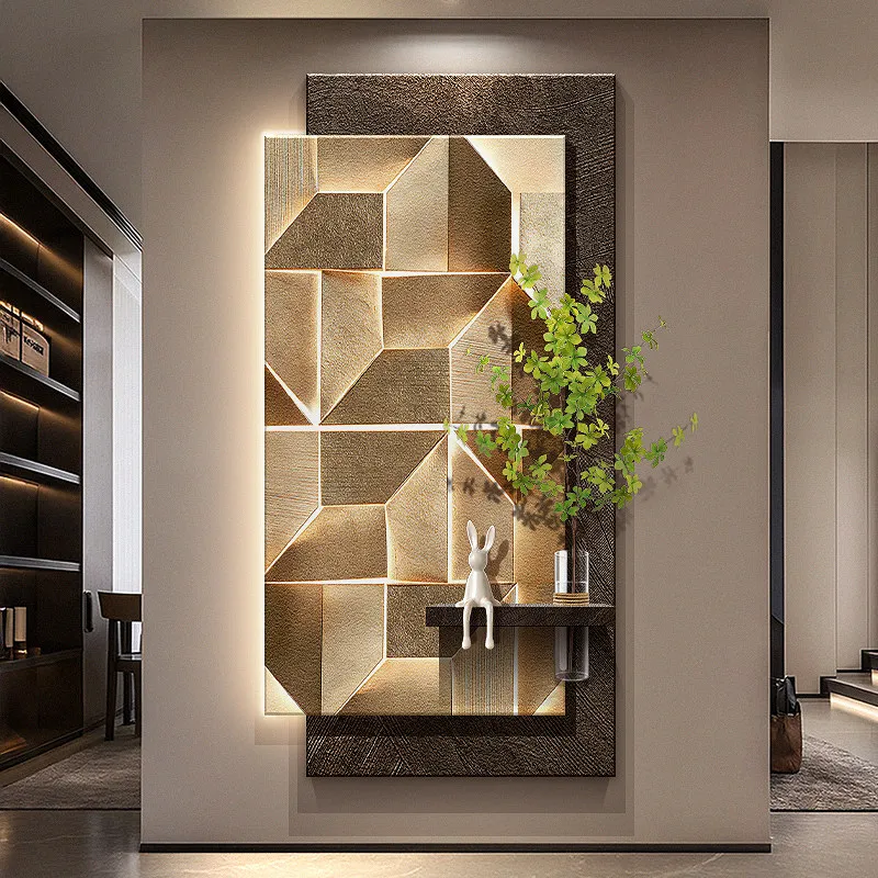 Hydroponic Greenery Wall Art Light Grey Sandstone Hanging Art Light Luxury Geometric Abstract Entrance Decorative Painting