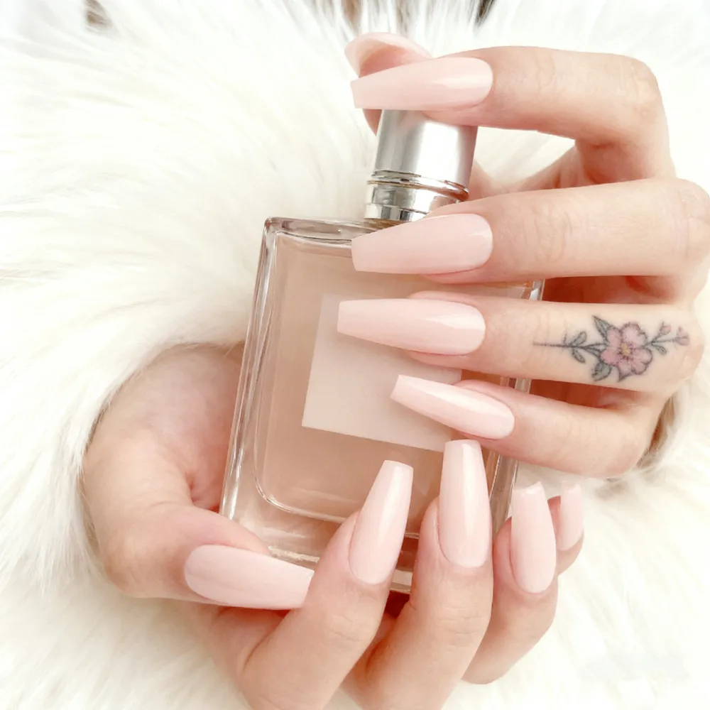 

Long Ballerina Coffin Fake Nails With Glue Natural Acrylic False Nails For Woman Full Cover Finger Tip Manicure Tools