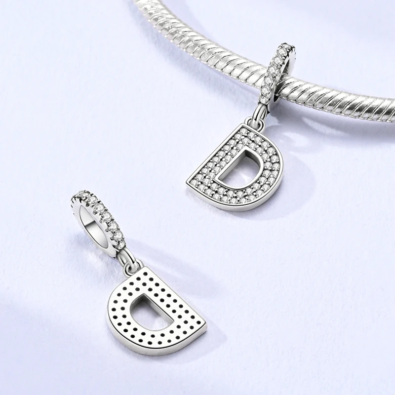 

925 Sterling Silver Letters Charms Bead CZ Zircon D Alphabet Dangle Fit Original Bracelet Women Jewelry Gift