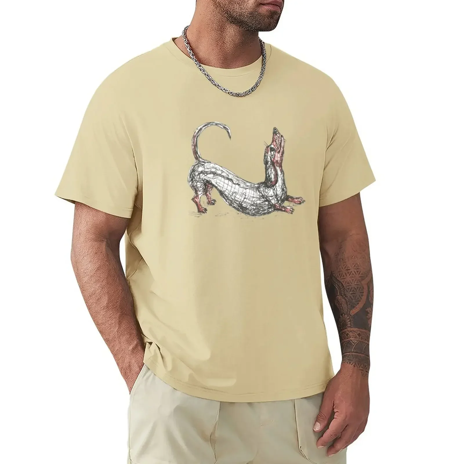 summer tops t shirts for men graphic Dachshund stretching. Long sausage dog,doxie,weiner,pen and ink illustration T-Shirt