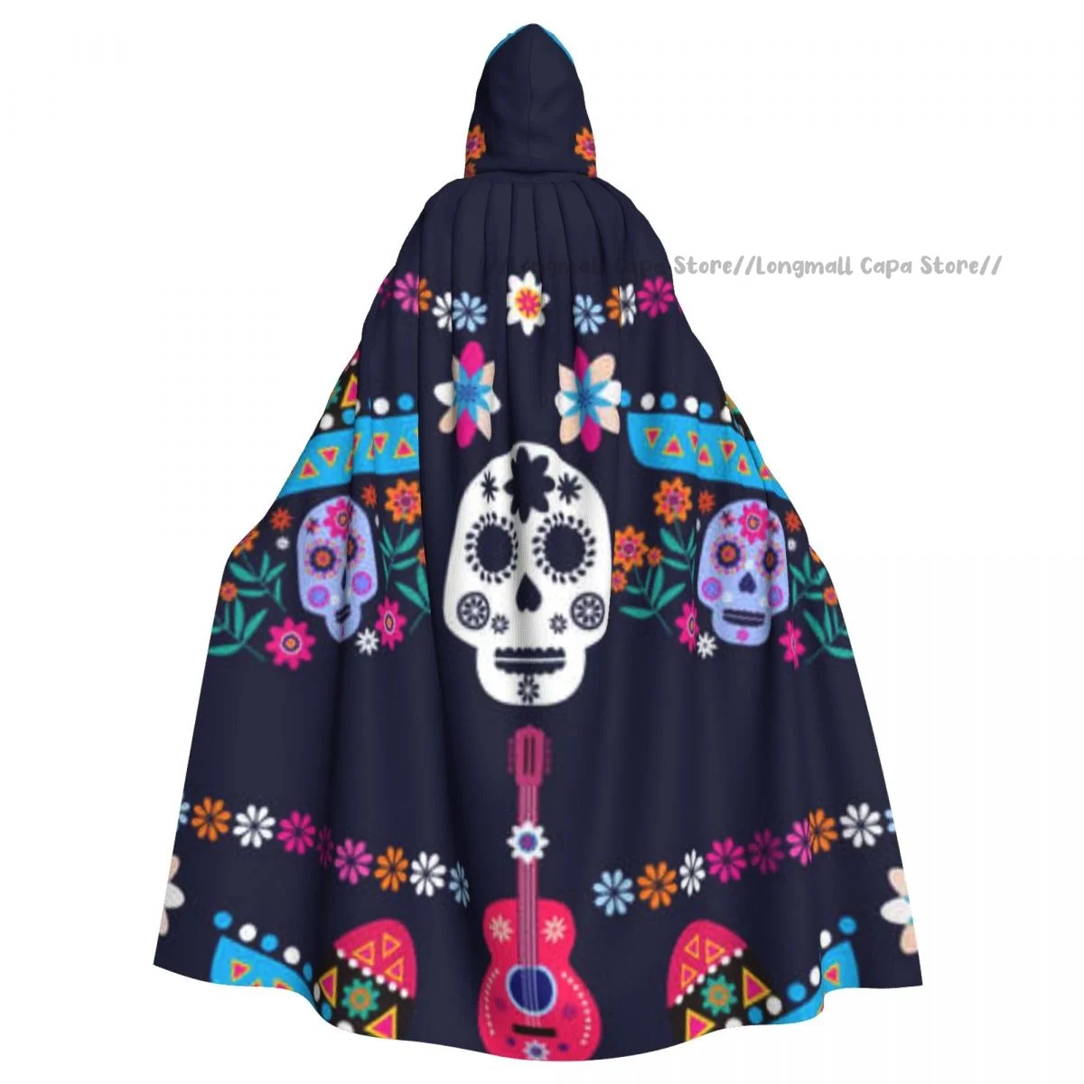 Adult Halloween Mexican Sugar Skulls And Flowers Cloak Cape Hooded Medieval Costume Full Length Dress Coat