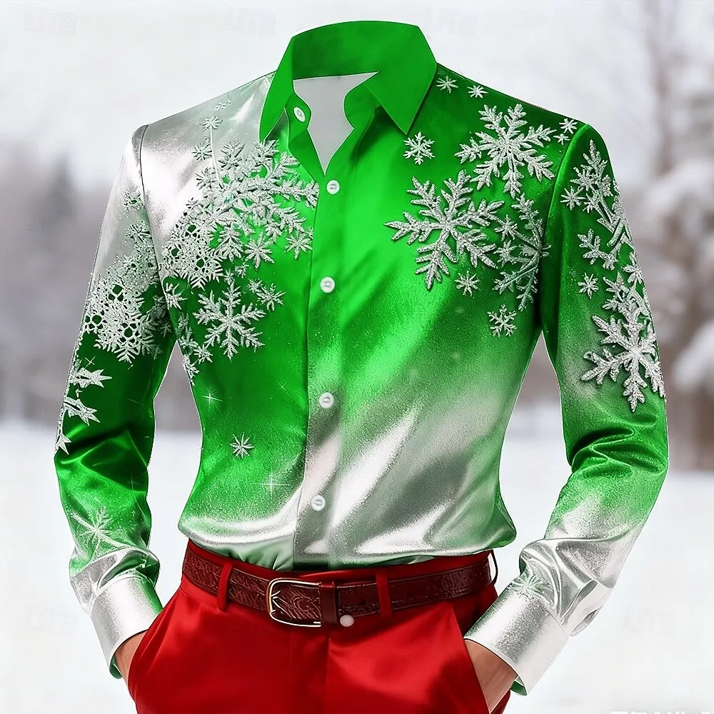 เสื้อเชิ้ตแขนยาวผู้ชายสไตล์คริสต์มาส เสื้อผ้าผู้ชายพิมพ์ลายเกล็ดหิมะหลากสีสัน 3 มิติ เสื้อแฟชั่นกลางแจ้ง