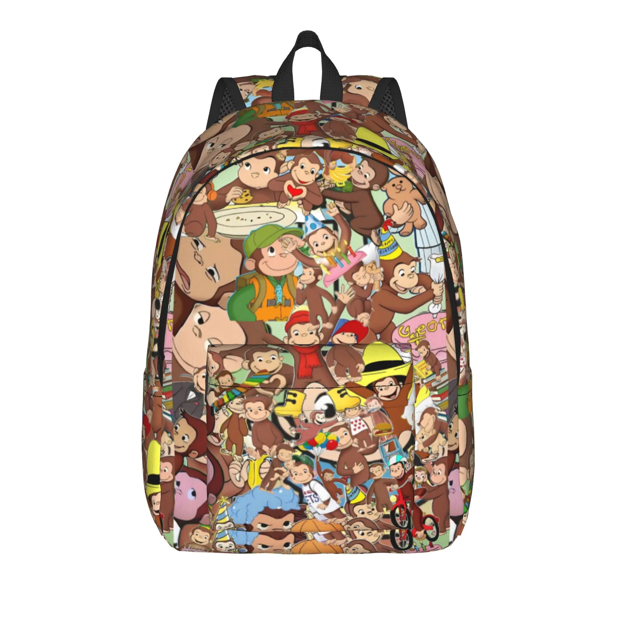 Colorful Curious George Character Collage Backpack  Student Polyester Outdoor Backpacks Pattern Style School Bags Rucksack