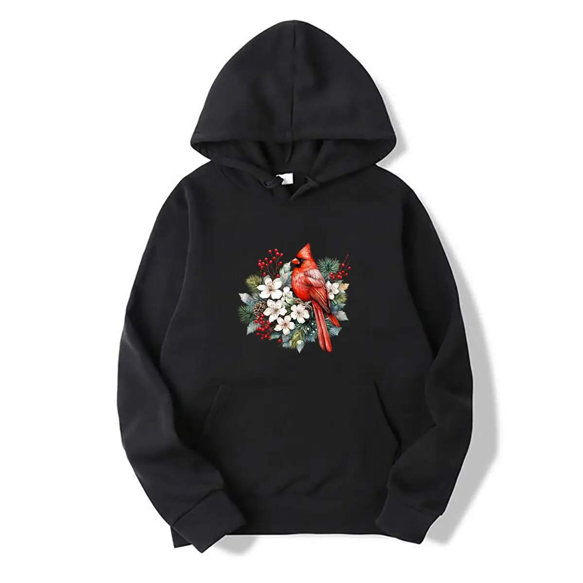 Watercolor Red Cardinal Pine Berry White Flower Autumn and winter hooded sweatshirts