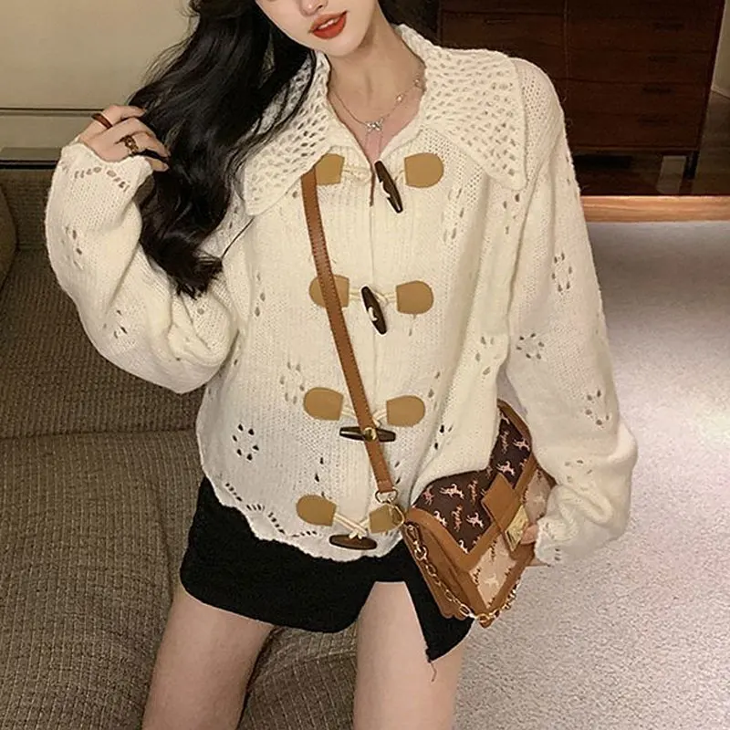 Preppy Style Hollow Out Knitted Cardigan Spring Autumn Loose Korean Women's Clothing Polo-Neck Stylish Bull Horn Buckle Sweaters