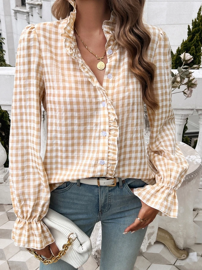 

Elegant Frenchshirts & Blouses 2024 Summer Lotus Collar Contrast Checkered Lantern Sleeves Shirt Casual T-Shirt Woman Clothing