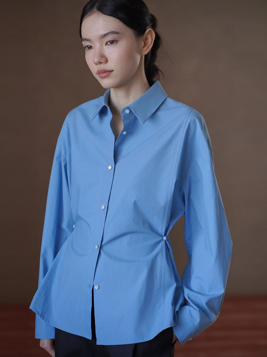 Hacikis Miss Collared Long Sleeve Shirt Tailored Loose Fit Cotton Blend Waist Cinching Button up Business Casual Shirt