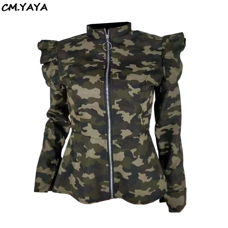 Women New Ruffles Shoulder Long Sleeve Camouflage Zip Open Stand Neck Flare Hem Jackets Fashion Weinter Coats Top Q5071