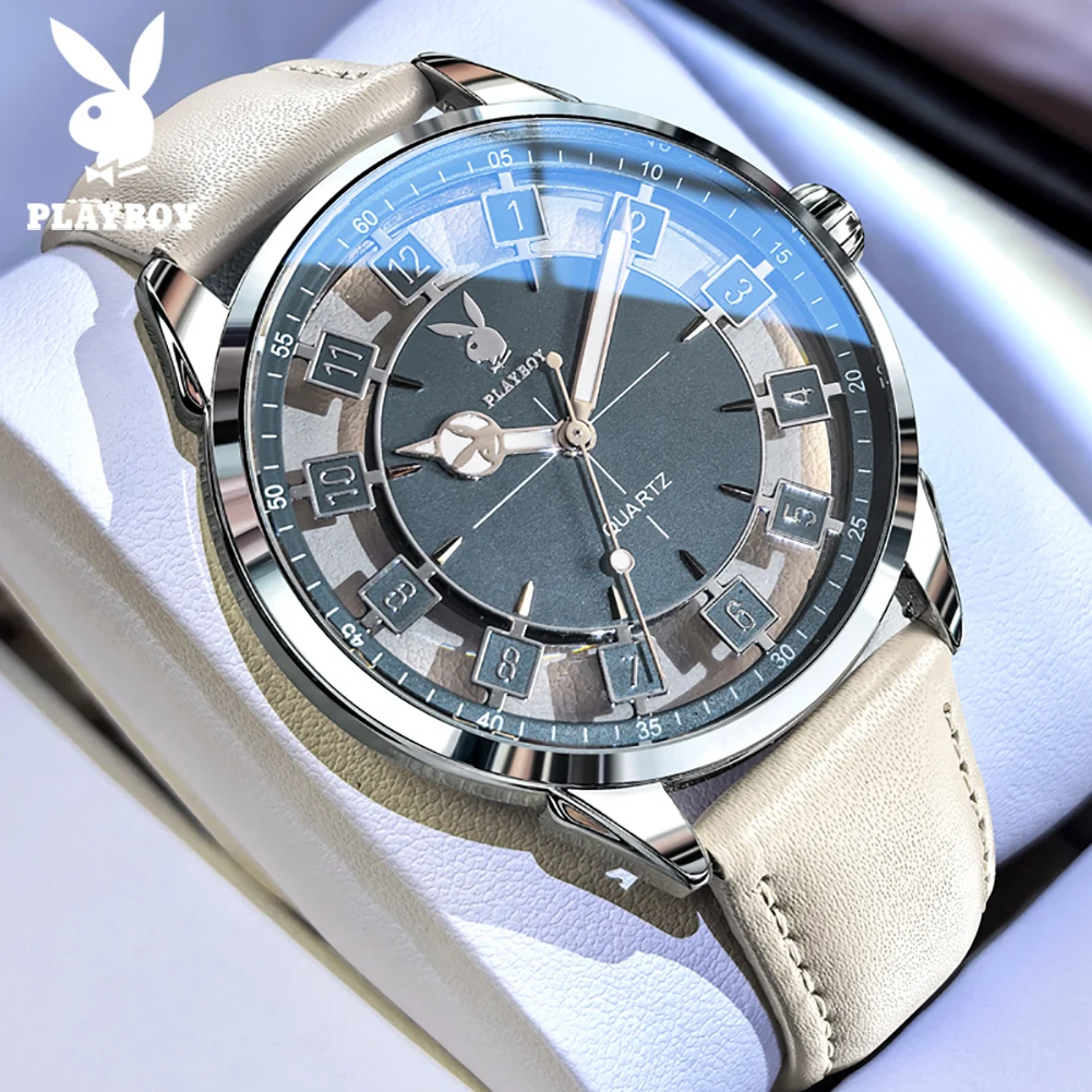PLAYBOY 3137 Men Watch Ultra-Thin 9.5MM Skeleton Hollow Quartz Wristwatch Original Luminous Big Number Dial Waterproof Casual