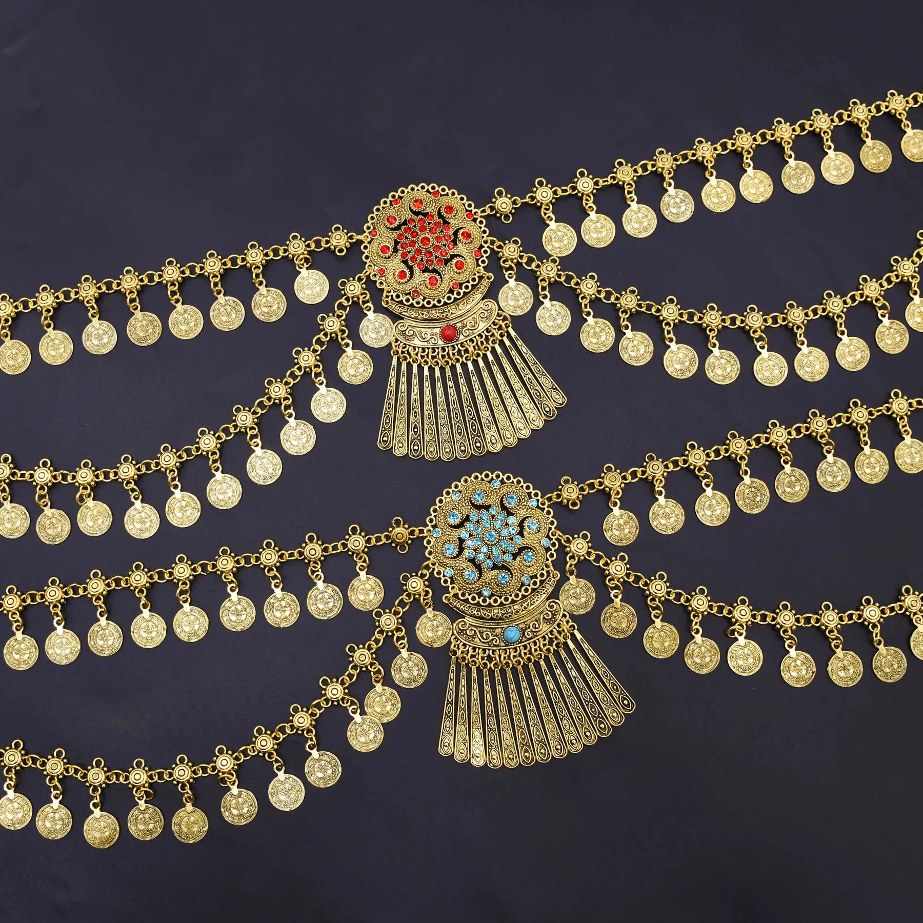 الرجعية طبقة مزدوجة عملات شرابة الرقص الخصر سلسلة شخصية نمط حجر الراين الهندسة الكرندية العرقية القبلية البطن التبعي