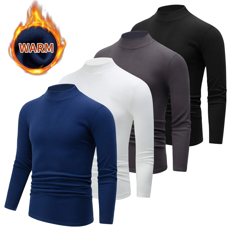 Autumn and Winter Men\'s Solid Color Fashion Versatile Half High Collar Warm Base Shirt Youth Large Casual Long Sleeve T-shirt