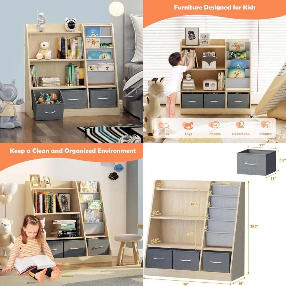 Toddler Bookshelf with Storage Bins, Wooden Nursery Display Shelf, Child Bookcase Organizer for Toys