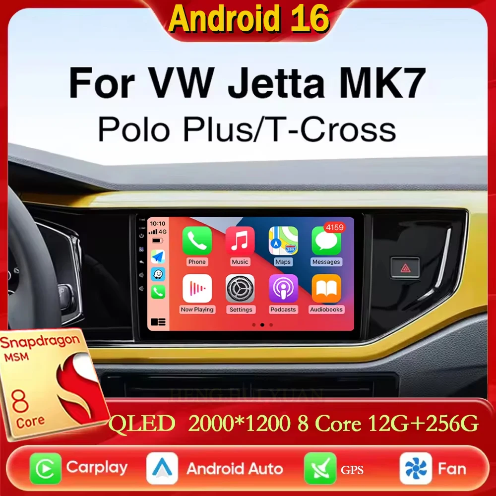 For Volkswagen VW Polo Plus Jetta MK7 T6 Passat B8 T ROC Cross MQB CarPlay Auto Android 16 2K QLED Car Radio Multimedia Video Pl