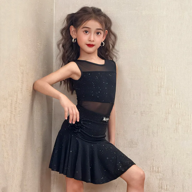 

Latin Dance Uniform Kids Girls Black Sleeveless Mesh Backless Competition Costumes Ballroom Tango Dancewear