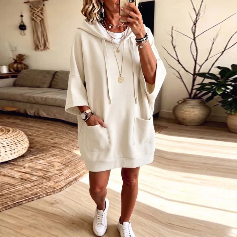 Greenora Women Solid Drawstring Hoodie Dress 3/4 Sleeve Tunic Pocket Loose Sweatshirt Short Dress Casual Fall Streetwear Daily M