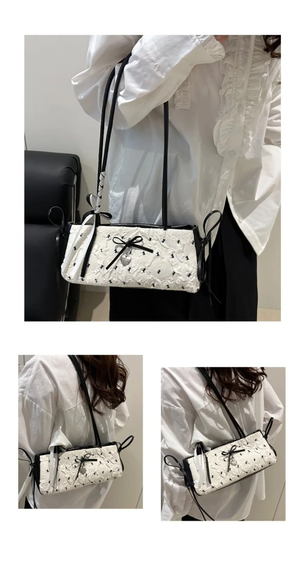 Elegante Damenhandtasche mit koreanischer Schleifendekoration, Nischenstil, PU-Material, quadratische Tasche, Reißverschluss, Unterarmtasche, für den Alltag. – Detail 5