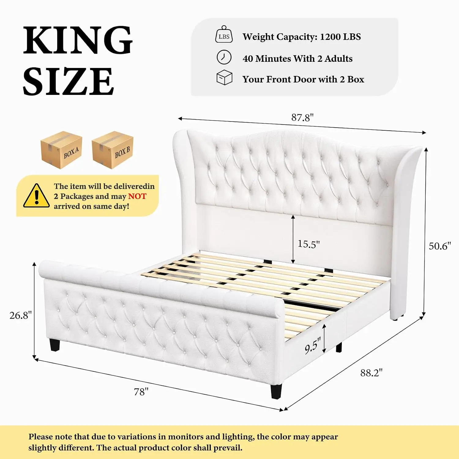 Chenille Sleigh Bed King Size, Scroll Wingback Headboard & Footboard, Tufted Platform Bed, No Box Spring, Easy Assembly, Customi