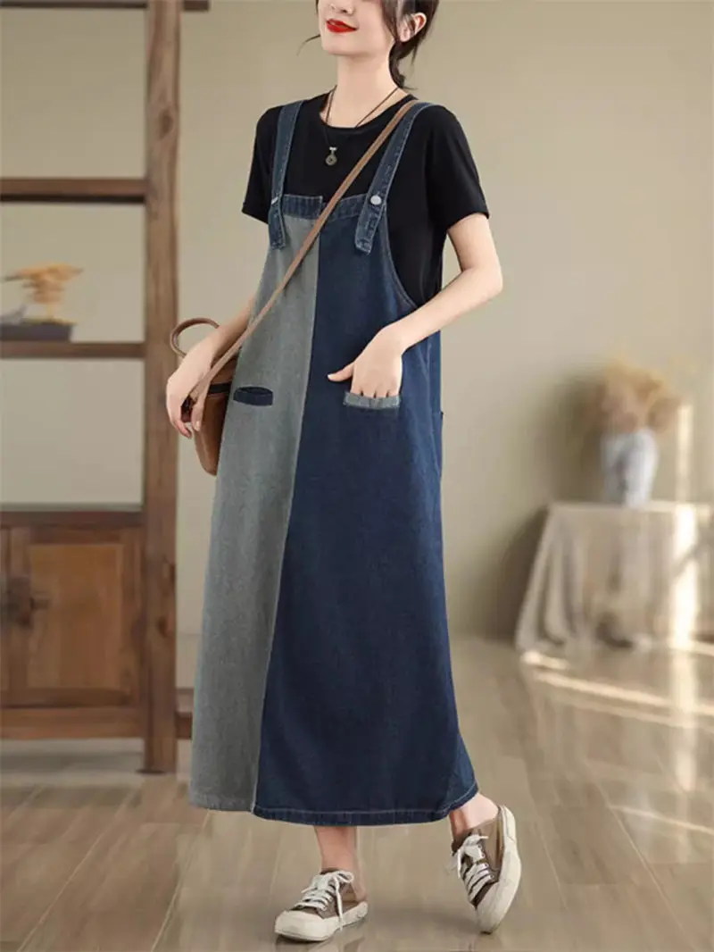 

Cowboy Strap Dress For Women 2024 Summer Loose Retro Contrasting Color Patchwork Oversized Irregular Denim Overall Dress K1768