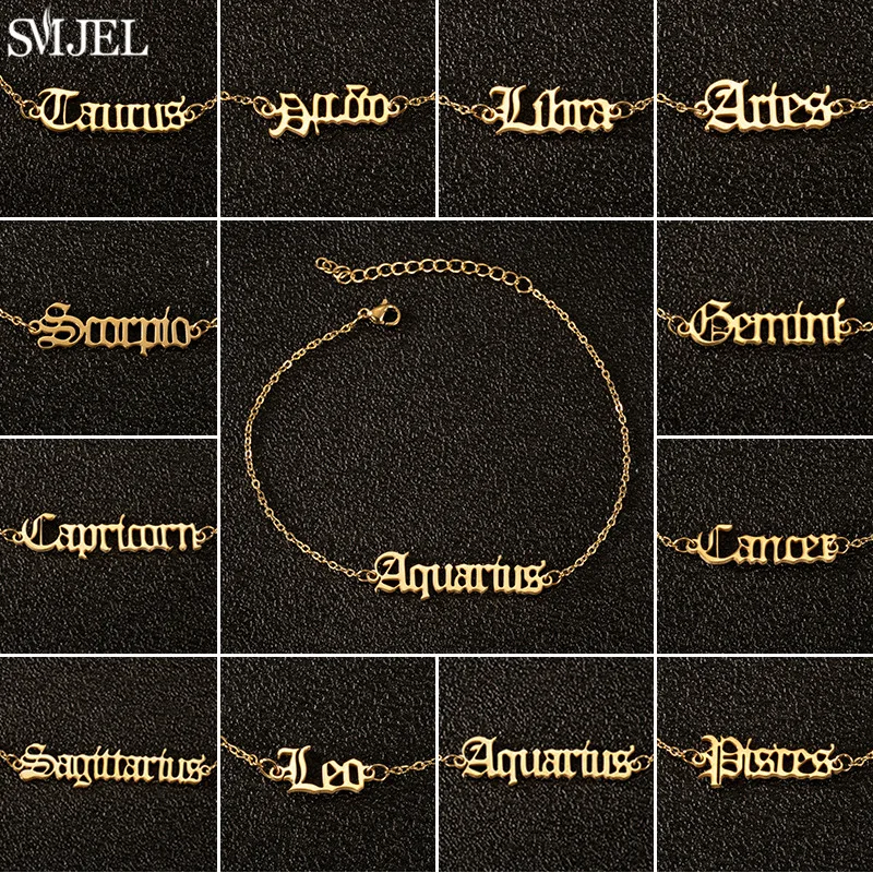 Classic 12 Constellation Charm Anklets for Women Old English Letters Stainless Steel Astrology Jewelry Women 12 Zodiac Sign Gift