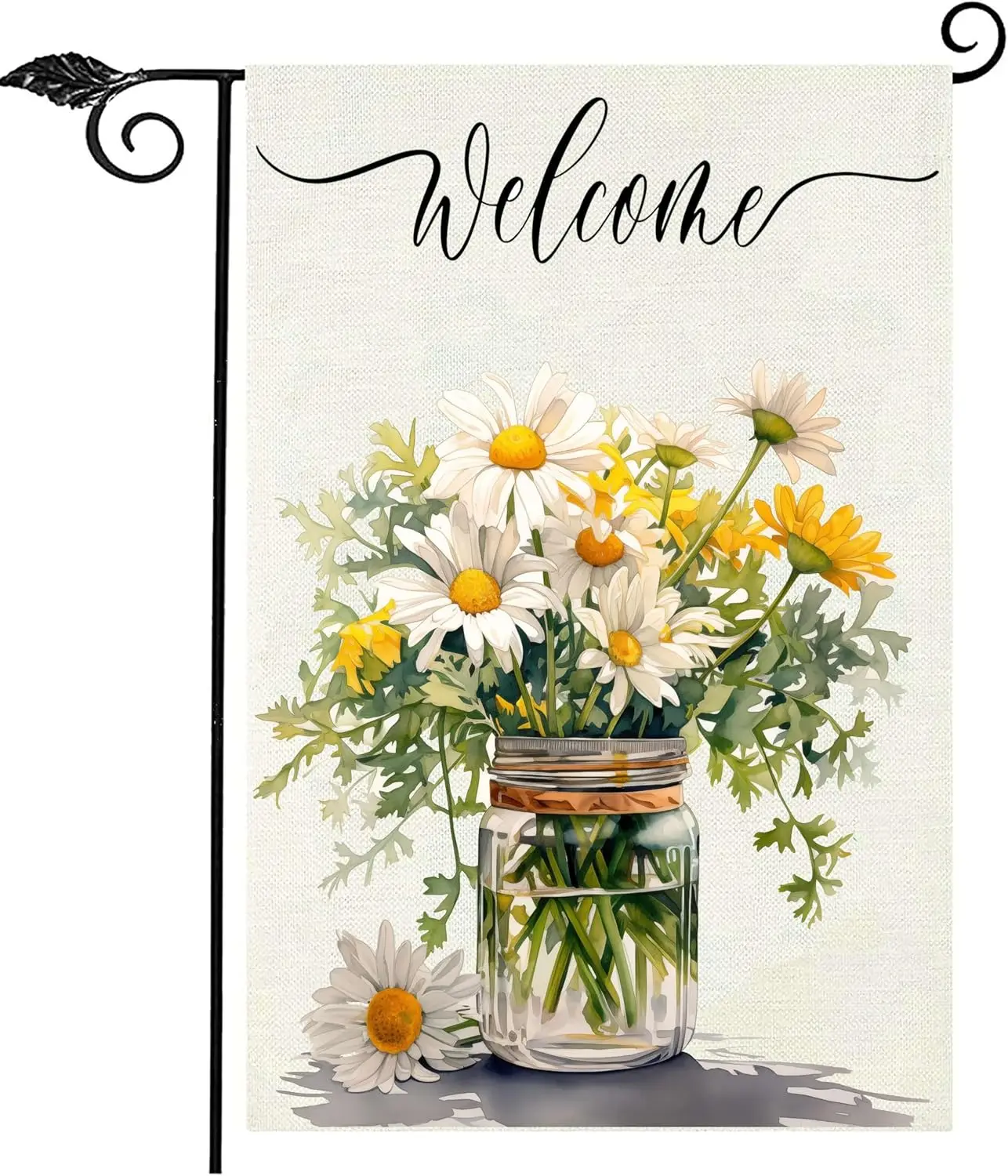 Spring Summer Floral Garden Flag,Daisy Jar Arrangement Vase Welcome Garden Flag, 12 x 18 Inch Double Sided Vertical Burlap Summe