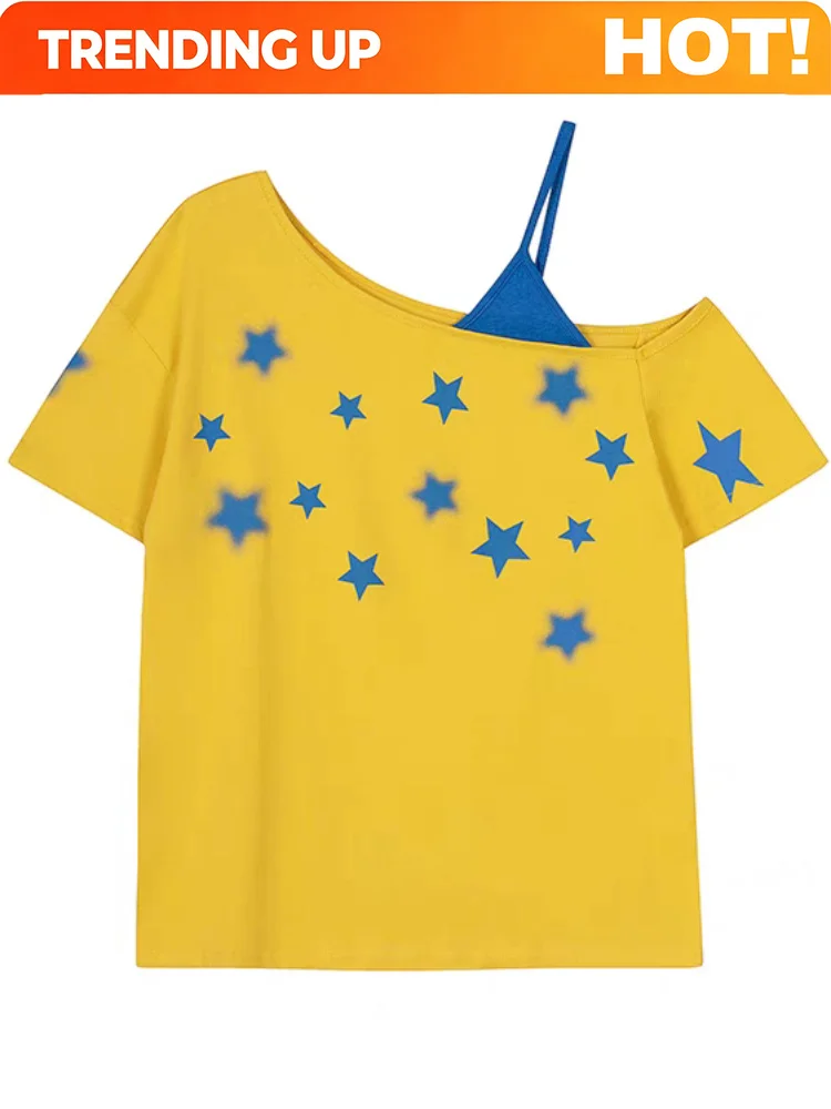 100% Cotton Off-Shoulder Top Women Fake Two-piece Set Y2k Star Graphic Oversize Short sleeve T shirt With Strap Summer Tees