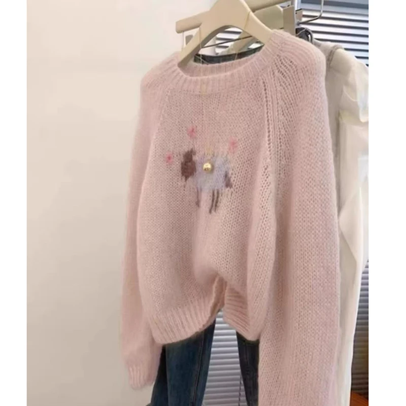 

New pullover sweater for women, 100% wool O-neck sweater, fashionable knitting trend, loose fit FRSEUCAG brand women's full slee