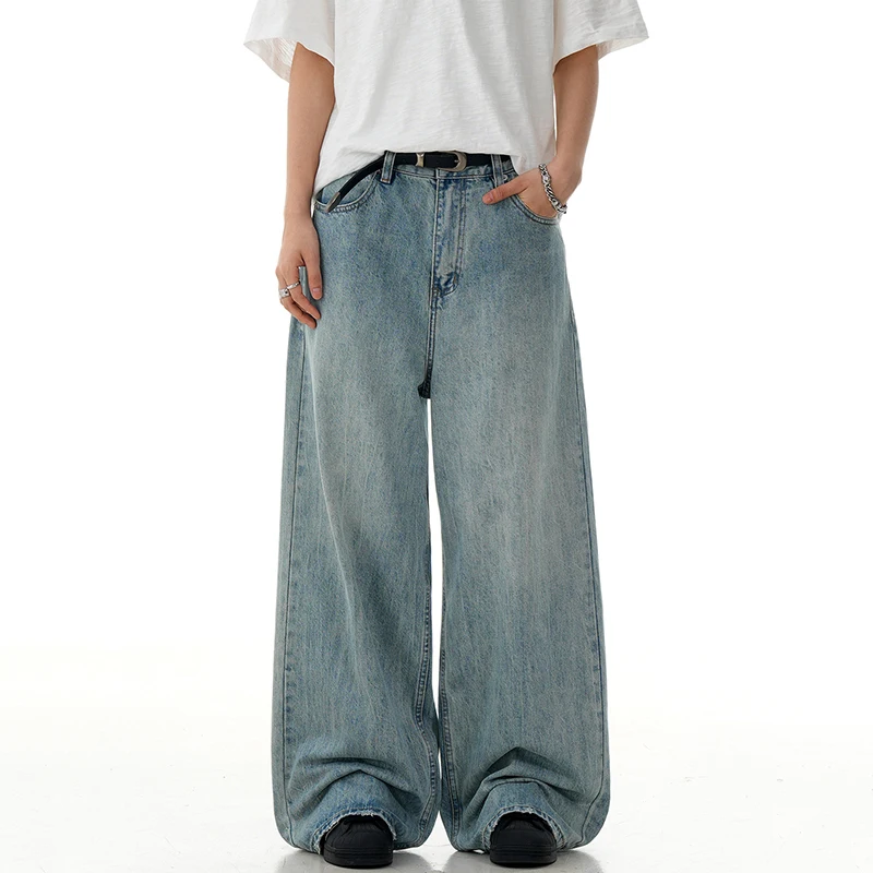 IEFB بنطال جينز أزرق مغسول أمريكي للرجال جديد عصري من قماش الدنيم كلينفيت مستقيم فضفاض واسع الساق بنطلون عتيق ملابس الشارع الشهير 9W3057