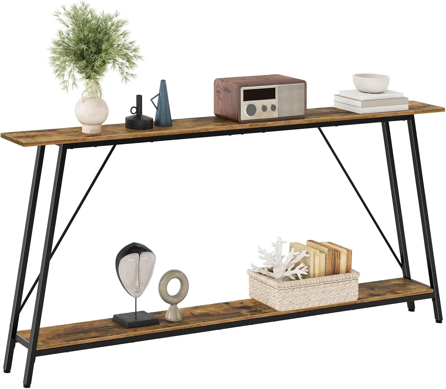 

71-дюймовый узкий консольный столик с местом для хранения вещей, 2-уровневый диван-стол для прихожей, гостиной, фойе в деревенском коричневом и черном цвете