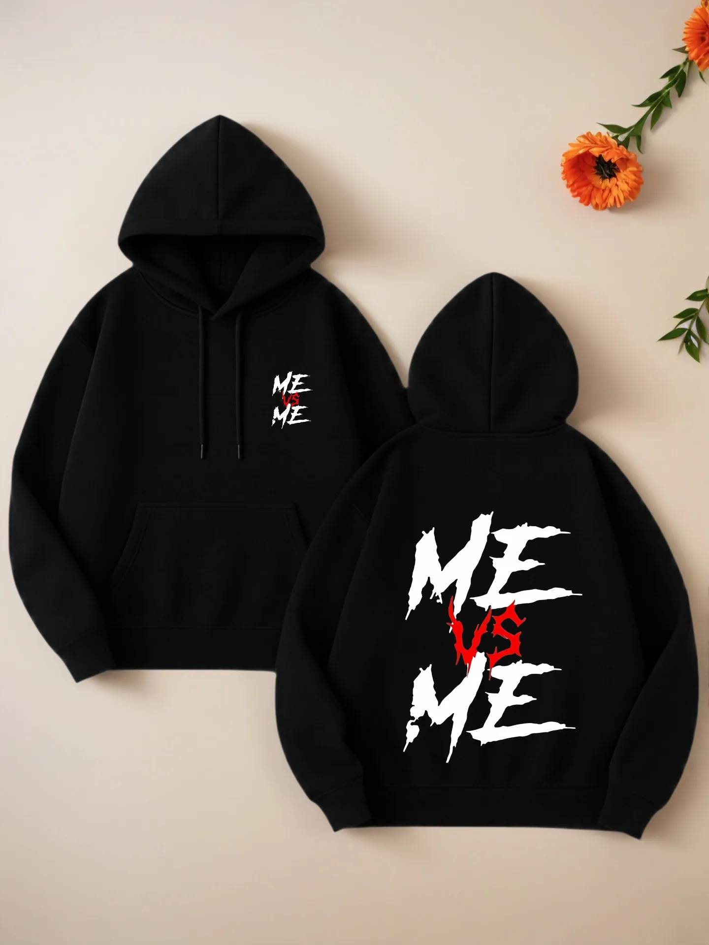 

Graphic Hoodie, Me vs Me Letter Print, Streetwear Style, Cotton Blend, Casual Everyday Wear, For Young Men