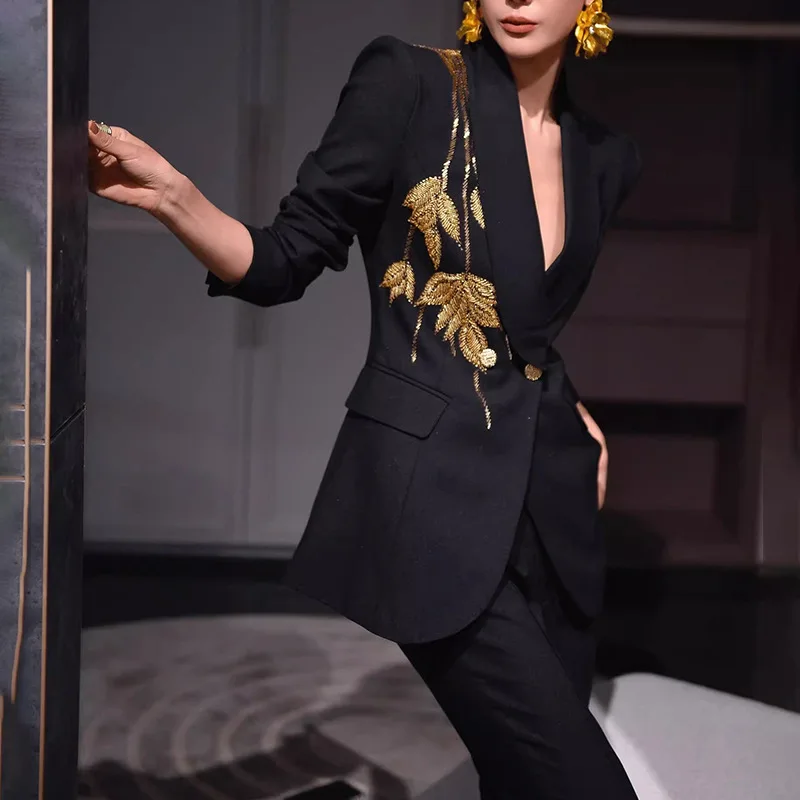 

Fashionable Jacket for Women's Autumn New Style Elegant Diamond Splicing High-End Long Sleeved Suit