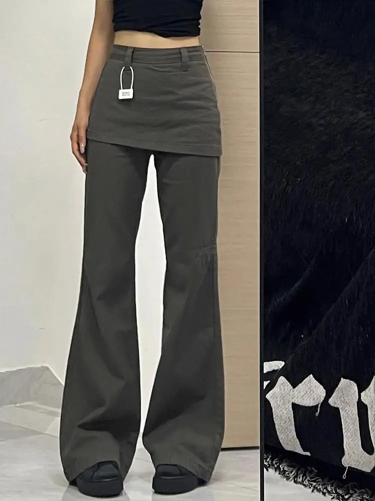 Deeptown Harajuku Patchwork Women Flared Pants Vintage High Waist American Style Fake Two Piece Trousers Y2k Baggy Solid Gyaru