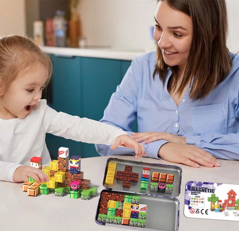 كتل مغناطيسية صغيرة مجموعة سفر ألعاب أطفال مكعبات مغناطيسية بناء البناء لعبة الجذعية صندوق حديد محمول ألعاب تعليمية هدية عيد الميلاد