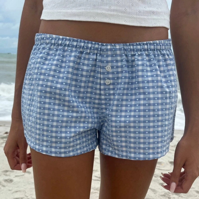 Heart Print Plaid Pajama Shorts Summer Elastic Waist Comfy Sleep Shorts Women Casual Lounge Sleepwear Bottoms Cute Y2k Outfits