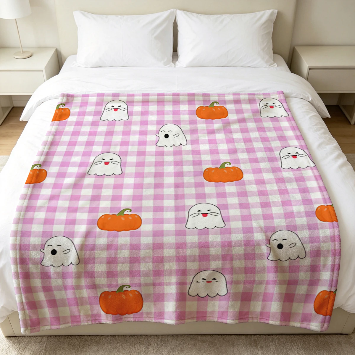 Pink Gingham Pumpkin Winter Summer Flannel Blanket Throw Fleece Soft Fuzzy Plush Cozy Fleece Blankets for Sofa Ideal Gifts