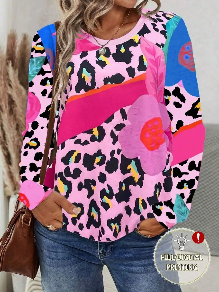 

Женская футболка больших размеров с длинным рукавом, розовым леопардовым и цветочным принтом, повседневный ретро-топ для весны и осени