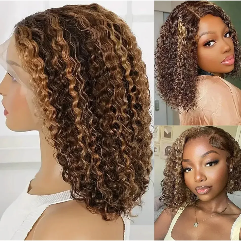 4/27 Highlight Bob Curly Wigs Deep Wave Lace Front Wig Human Hair Short Bob Human Hair Wigs 13x6 Lace Front Bob Wigs For Woman