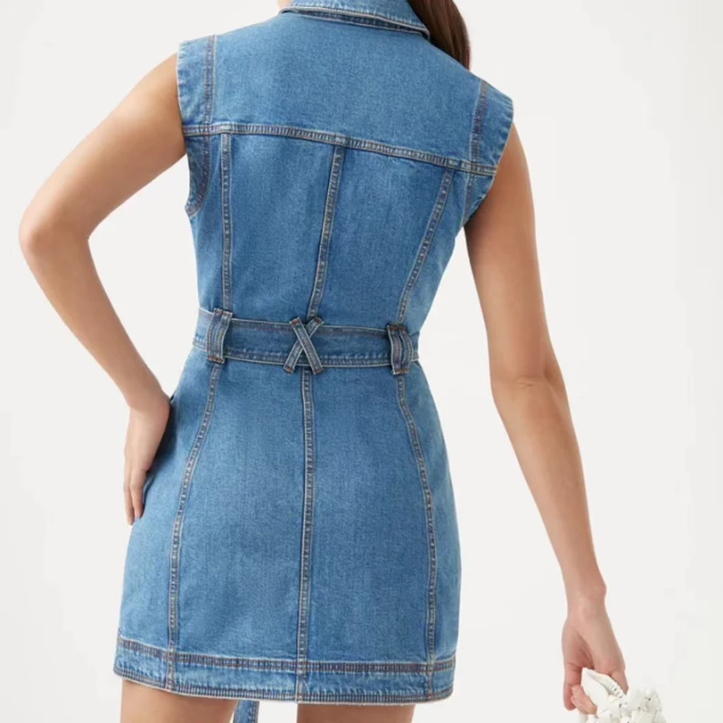 Sleeveless Jeans Denim Turn Down Collar Sahes Single Breasted Dress 2024 New Spring Summer High Quality Women Clothing