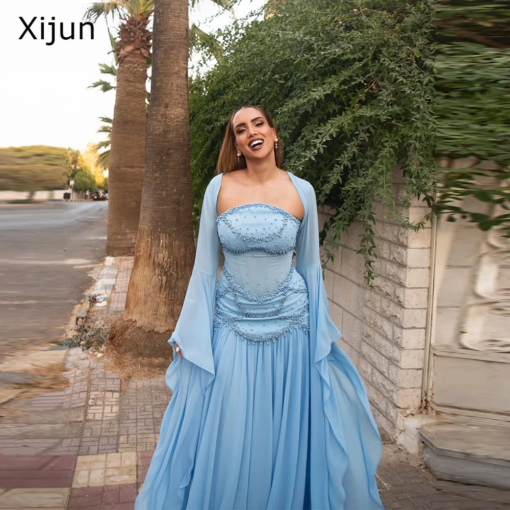 Xijun Luxury Blue Chiffon Evening Dresses Beads Pleated Cape Sleeves Prom Dresses Formal Pleated Long Prom Gowns 2026 Customized