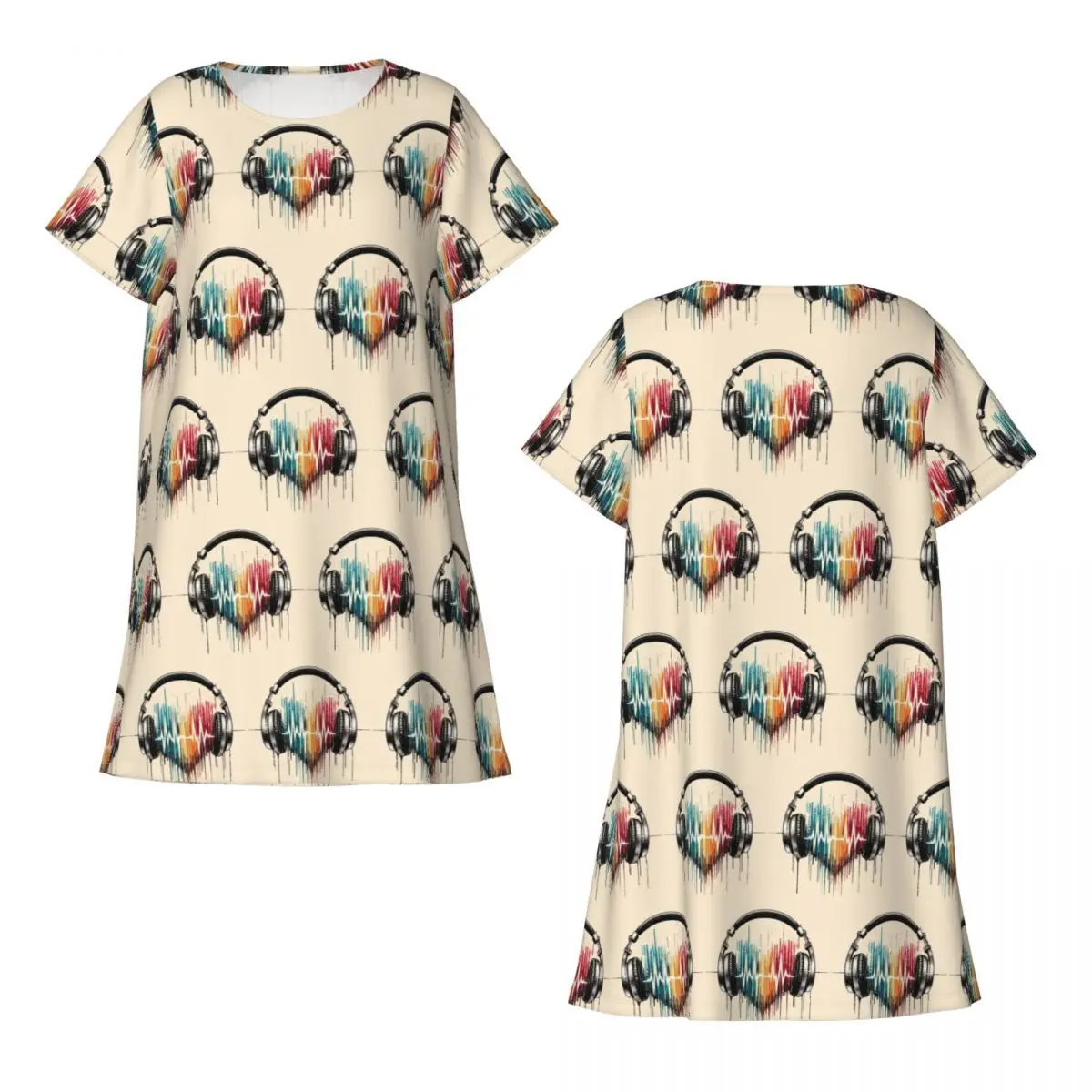 Heart Shaped Music Note With Headphones Short Sleeves Nightdress For Sleeping Women Short Sleeve Nightgowns Loose Pajama Dress