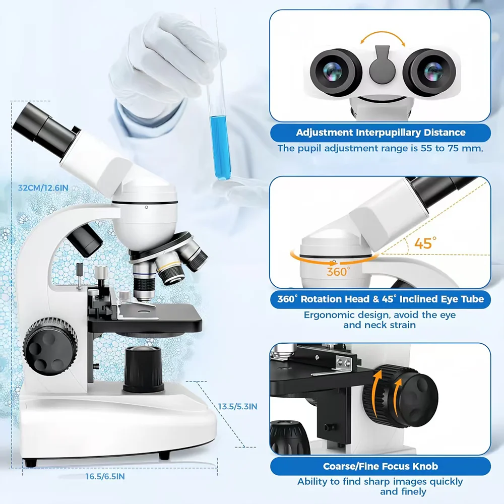 Composite Binocular Microscope with Electronic Eyepiece, 40X-2000X Microscope for Adults & Kids, Suitable for Education